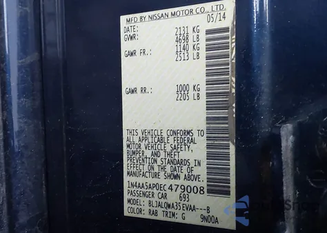 2014 Nissan Maxima 3.5 S z USA, uszkodzony, nr VIN 1N4AA5AP0EC479008